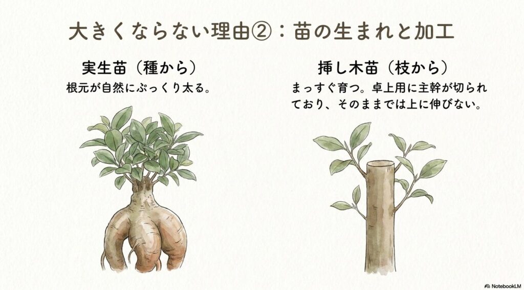 根元がぷっくり太った実生苗と、主幹が切られまっすぐ育つ挿し木苗のイラスト。実生苗は種から育ち根元が自然に太るが、挿し木苗は枝から育ち卓上用に主幹が切られているためそのままでは上に伸びないことを説明するスライド。