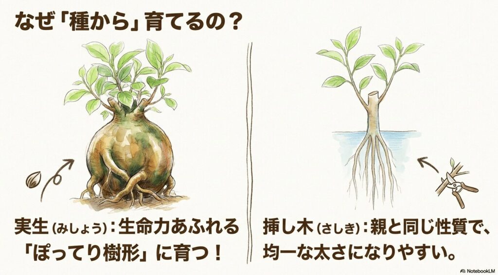 ガジュマルの実生と挿し木の違いを比較したイラスト。実生はぽってりとした樹形に育ち、挿し木は親と同じ性質で均一な太さになりやすいことが書かれています。
