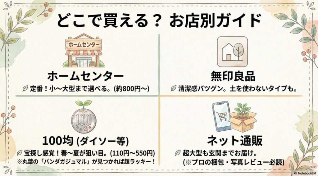 ホームセンター、100円ショップ（ダイソー等）、無印良品、ネット通販の4つの販売場所ごとの特徴とガジュマルの価格相場をまとめた図解スライド