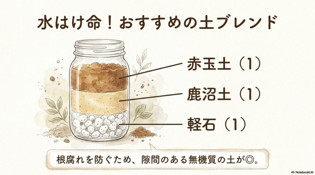 根腐れを防ぐための土の配合比率。赤玉土1、鹿沼土1、軽石1の割合が、隙間のある水はけの良い無機質の土としておすすめされているイラスト。