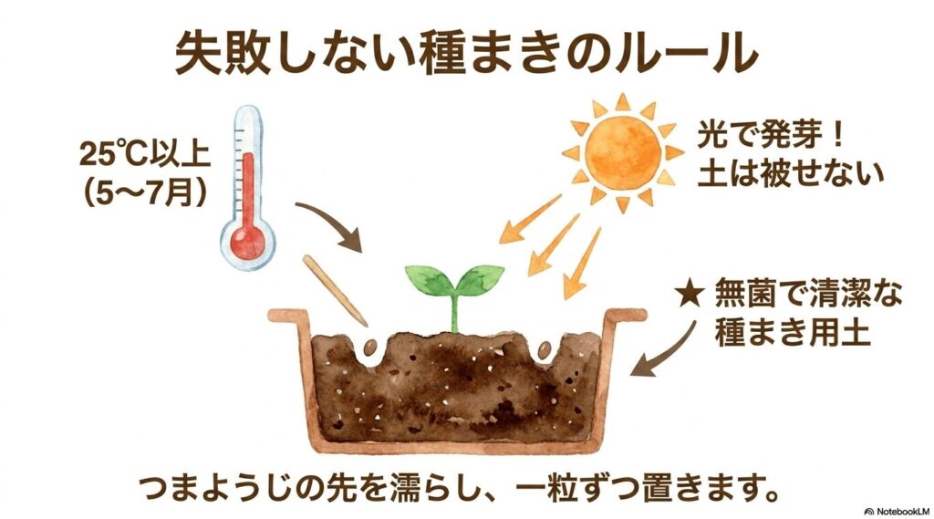 失敗しない種まきルールのイラスト。光で発芽するため土は被せないこと、25℃以上（5〜7月）、無菌で清潔な種まき用土を使い、つまようじの先を濡らして一粒ずつ置くことが図解されています。