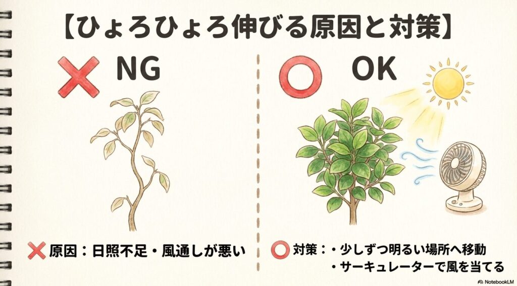 ひょろひょろに徒長したガジュマルと元気なガジュマルの比較イラストとともに、徒長の原因である日照不足や風通しの悪さと、その対策を解説したスライド画像。