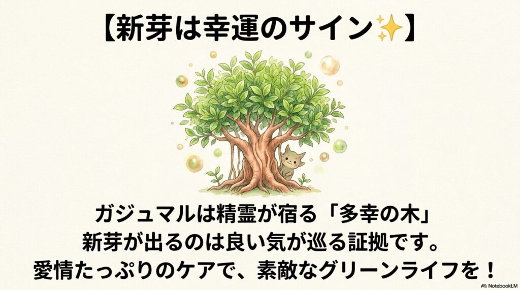 キジムナー（精霊）がガジュマルの木の陰から顔を出している温かいイラストと、新芽が幸運や良い気が巡る証拠であるというスピリチュアルな意味を解説したスライド画像。