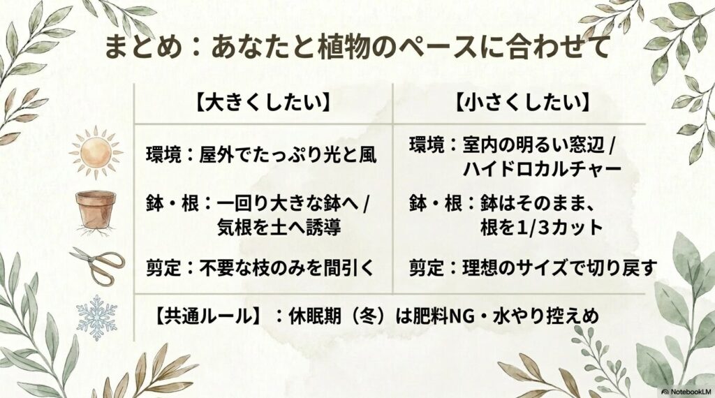 大きくしたい場合と小さくしたい場合のお世話の比較表。大きくする場合は屋外の光と風、大きな鉢への植え替え、間引き剪定を行う。小さくする場合は室内の明るい窓辺、鉢はそのまま根をカット、切り戻し剪定を行う。共通ルールとして冬の休眠期は肥料を避け水やりを控えることをまとめたスライド。