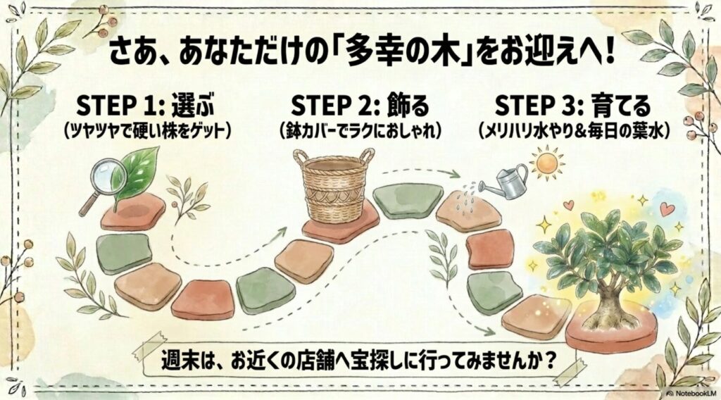 選ぶ、飾る、育てるというガジュマルのお迎えに関する3つのステップを総復習し、店舗への来店を後押しするまとめのスライド