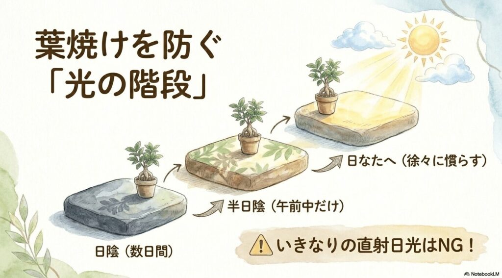 いきなりの直射日光を避け、数日間日陰に置き、次に午前中だけ半日陰に置き、徐々に日なたへ慣らしていく「光の階段」のステップを解説した図。