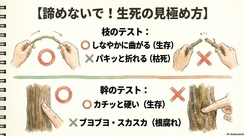 ガジュマルの幹を指で押しているイラストとともに、枝が曲がるか折れるか、幹が硬いかブヨブヨかによって生死を見極める方法を解説したスライド画像。