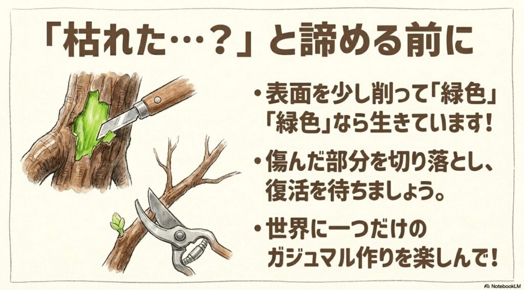 枯れたと諦める前の確認方法のイラスト。表面を少し削って緑色なら生きており、傷んだ部分を切り落として復活を待つこと、世界に一つだけのガジュマル作りを楽しむメッセージが書かれています。