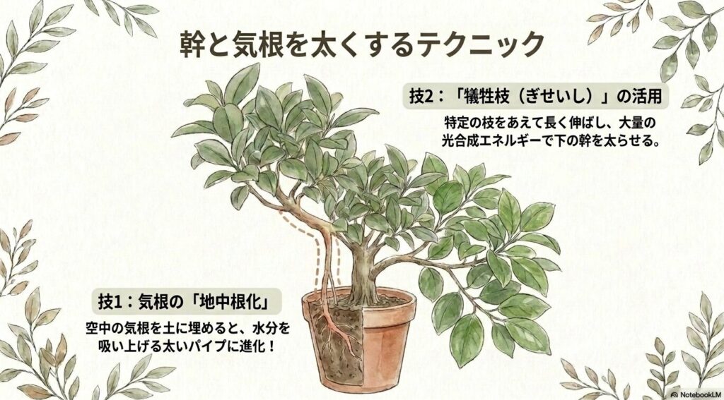 気根を土に埋めるイラスト。幹と気根を太くするテクニックとして、空中の気根を土に埋めて水分を吸い上げる太いパイプにする「地中根化」と、特定の枝をあえて長く伸ばし大量の光合成エネルギーで下の幹を太らせる「犠牲枝の活用」を説明するスライド。