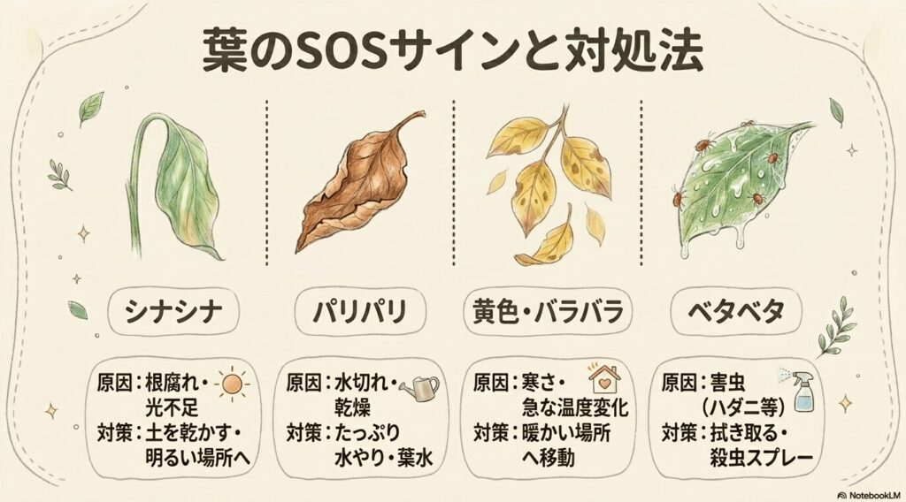 シナシナ、パリパリ、黄色・バラバラ、ベタベタといった4つの葉のトラブル症状に対する表。それぞれ根腐れ・水切れ・寒さ・害虫などの原因と、その対策方法が整理されている。 