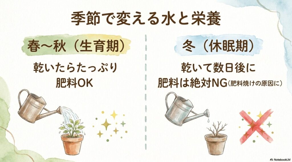春から秋の生育期は土が乾いたらたっぷり水を与え肥料もOK、冬の休眠期は土が乾いて数日後に水を与え肥料は絶対NGという、季節ごとの水と栄養の違いをまとめたイラスト。