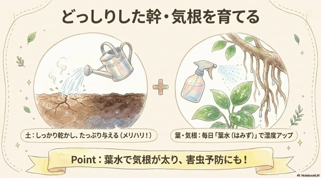 ひび割れた土にジョウロで水をあげるイラストと、葉や気根に霧吹きで葉水をするイラスト。土にはメリハリをつけて水をたっぷり与え、葉や気根には毎日葉水をして湿度を上げるよう解説されている。