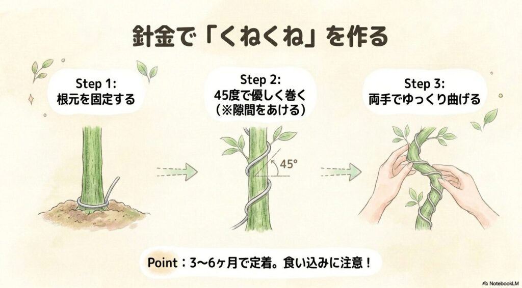 ガジュマルの幹に針金を巻く手順の図解。Step1で根元を固定、Step2で45度の角度で隙間をあけて巻く、Step3で両手でゆっくり曲げる様子が描かれている。