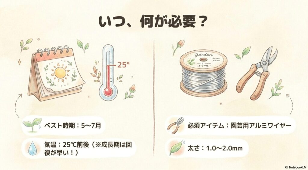 園芸用アルミワイヤーと剪定バサミのイラスト。ベストな時期は5〜7月（気温25度前後）、必須アイテムは太さ1.0〜2.0mmの園芸用アルミワイヤーであると説明した図。