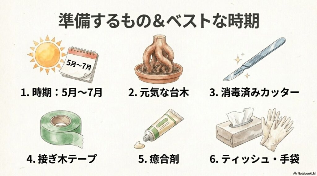接ぎ木に適した5月から7月の時期と、必要な道具(元気な台木、消毒済みカッター、接ぎ木テープ、癒合剤、ティッシュ、手袋)の一覧イラスト。
