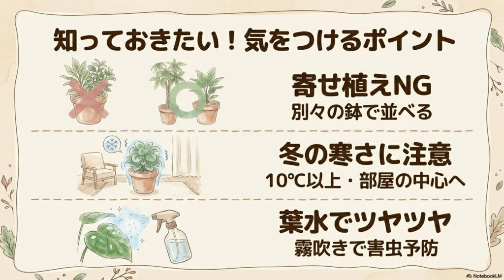 観葉植物を育てる際の注意点として、別々の鉢で並べるべきで寄せ植えはNGであること、10℃以上の部屋の中心へ移動させる冬の寒さ対策、霧吹きで害虫予防をする葉水の重要性をまとめたイラスト