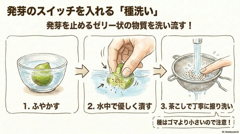 発芽のスイッチを入れる種洗いの手順イラスト。発芽を止めるゼリー状の物質を洗い流すための3ステップ（1.ふやかす、2.水中で優しく潰す、3.茶こしで丁寧に擦り洗い）と、種がゴマより小さいので注意する旨が書かれています。