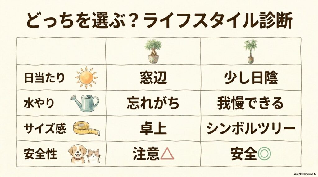 日当たり(窓辺か少し日陰か)、水やり(忘れがちか我慢できるか)、サイズ感(卓上かシンボルツリーか)、安全性(注意か安全か)の4項目から、自分に合う観葉植物がガジュマルとパキラのどちらか直感的に診断できる表