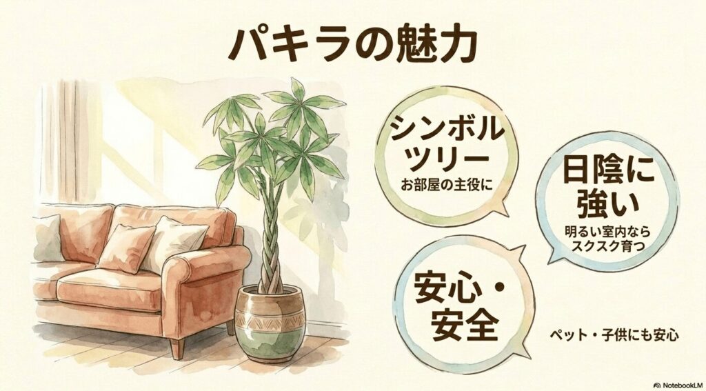 お部屋の主役になるシンボルツリーとして楽しめ、明るい室内ならスクスク育つほど日陰に強く、ペットや子供にも安心・安全というパキラの3つの魅力をまとめたイラスト
