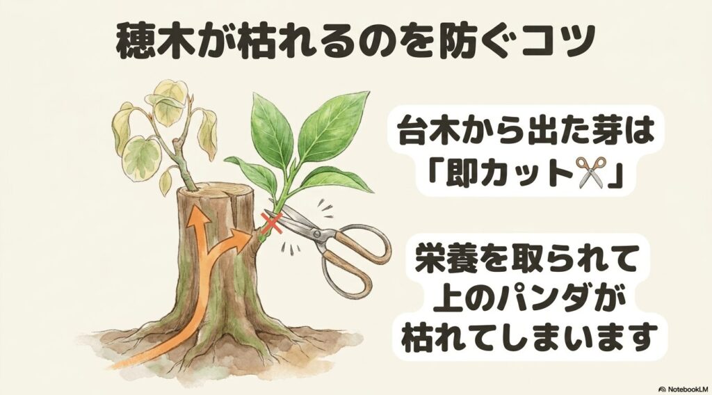 台木の途中から生えてきた新しい芽をハサミで即座に切り落とすことで、根からの栄養が上のパンダガジュマルの穂木にしっかり届くようにする仕組みを表した図解。