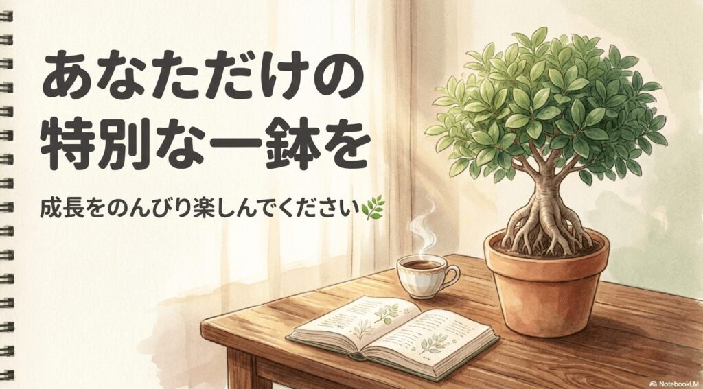 無事に接ぎ木が成功し、太い根っこの上に丸い葉っぱが可愛らしく茂った、健康で特別なガジュマルの鉢植えのイラスト。