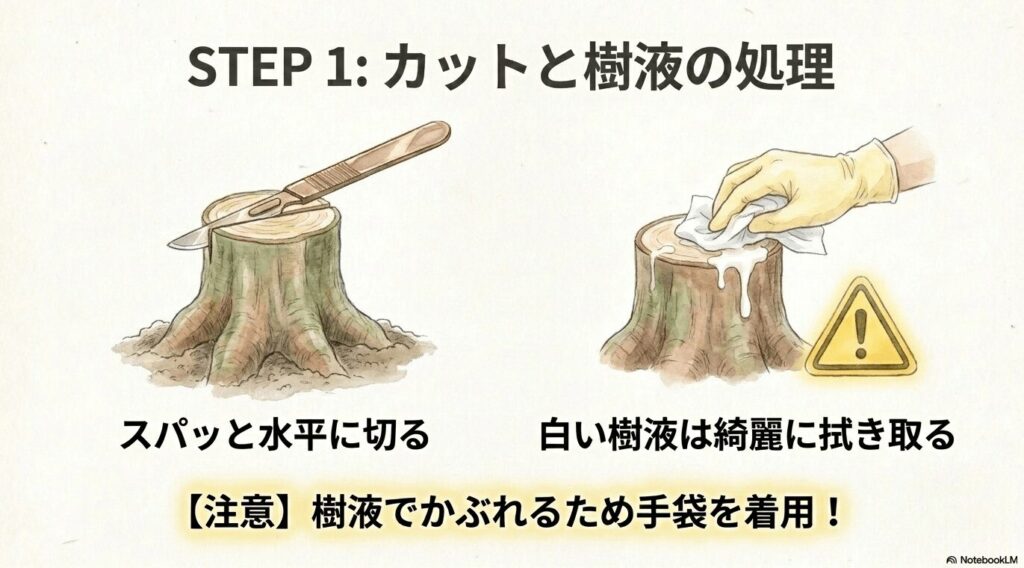 台木を水平にスパッと切り落とし、切り口から溢れ出た白い樹液を手袋をした手でティッシュを使って綺麗に拭き取っている様子を描いたイラスト。