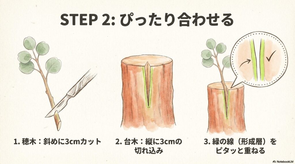 穂木を斜めに3cmカットし、台木に入れた3cmの縦の切れ込みに挿し込み、お互いの緑色の線(形成層)をぴったりと重ね合わせている手順を図解したイラスト。