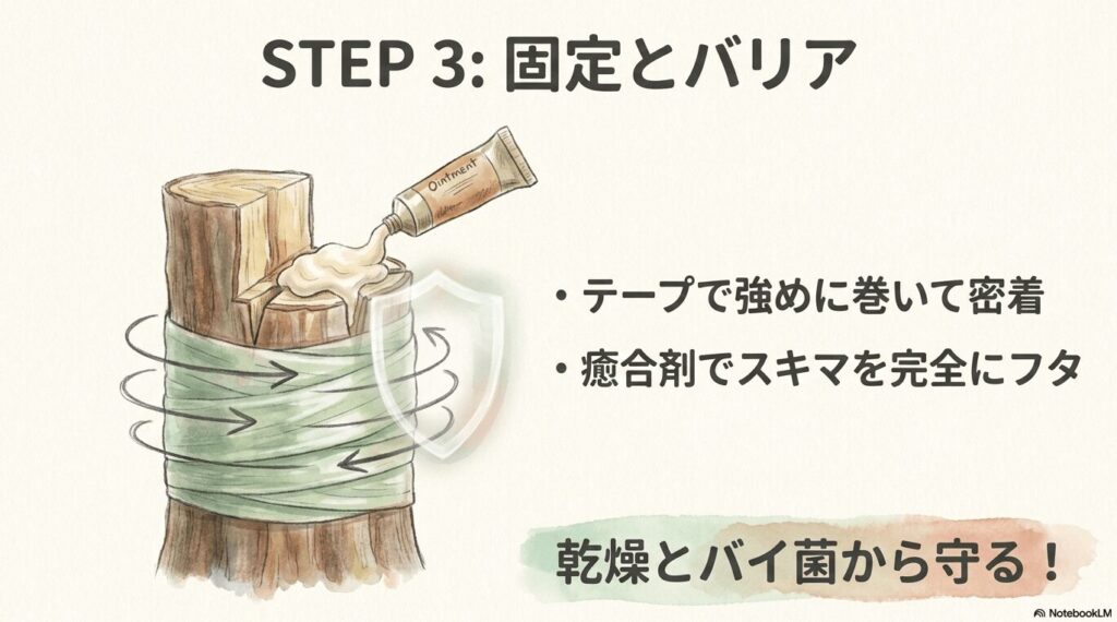 接ぎ木部分をテープで強めに巻いて密着させ、その上からスキマを完全に塞ぐように癒合剤のチューブでフタをして、乾燥とバイ菌から守っている様子を描いたイラスト。