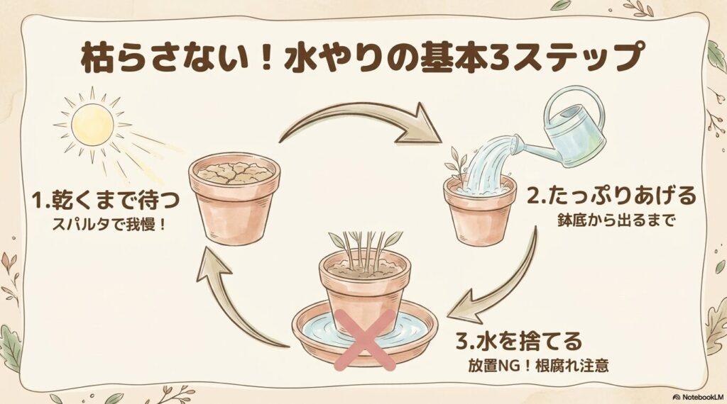 観葉植物を枯らさないための水やりの基本3ステップ。1.スパルタで我慢して乾くまで待つ、2.鉢底から出るまでたっぷりあげる、3.根腐れを防ぐため受け皿の水を放置せず捨てる、という手順の図解