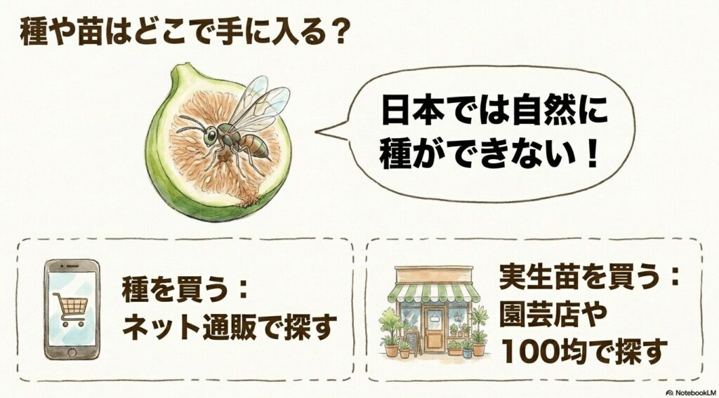 日本では自然に種ができないため、種はネット通販で、実生苗は園芸店や100均で探すという入手先を解説したイラスト。イチジクコバチやスマホ、園芸店の絵が描かれています。