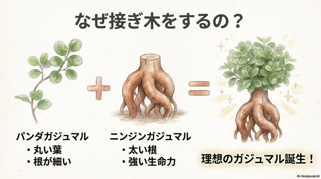 パンダガジュマルの丸い葉とニンジンガジュマルの太い根を組み合わせることで、両方の良い特徴を併せ持つ理想のガジュマルが誕生することを表した図解。