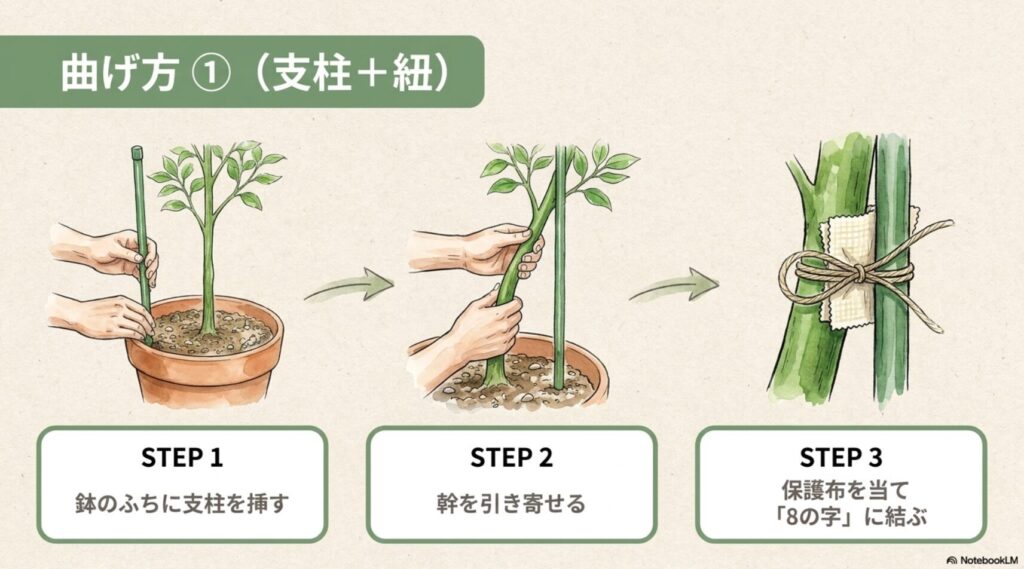 鉢に支柱を立て、エバーフレッシュの幹を引き寄せて保護布を当ててから紐で8の字に結ぶという、3つのステップを解説したイラスト