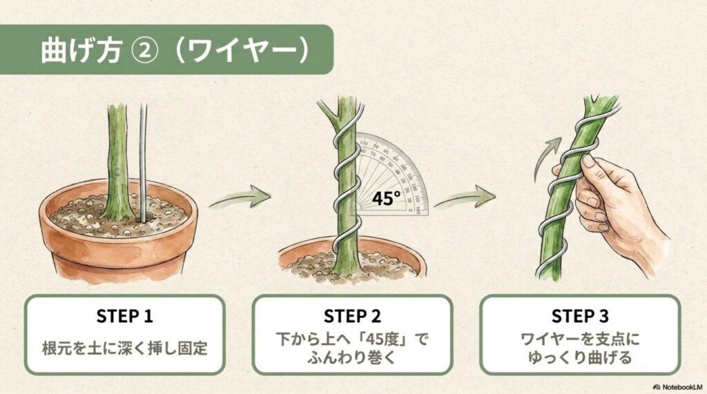 ワイヤーの根元を土に深く挿し、下から上へ45度の角度でふんわりと巻き付け、ワイヤーを支点にしてゆっくりと曲げる手順のイラスト