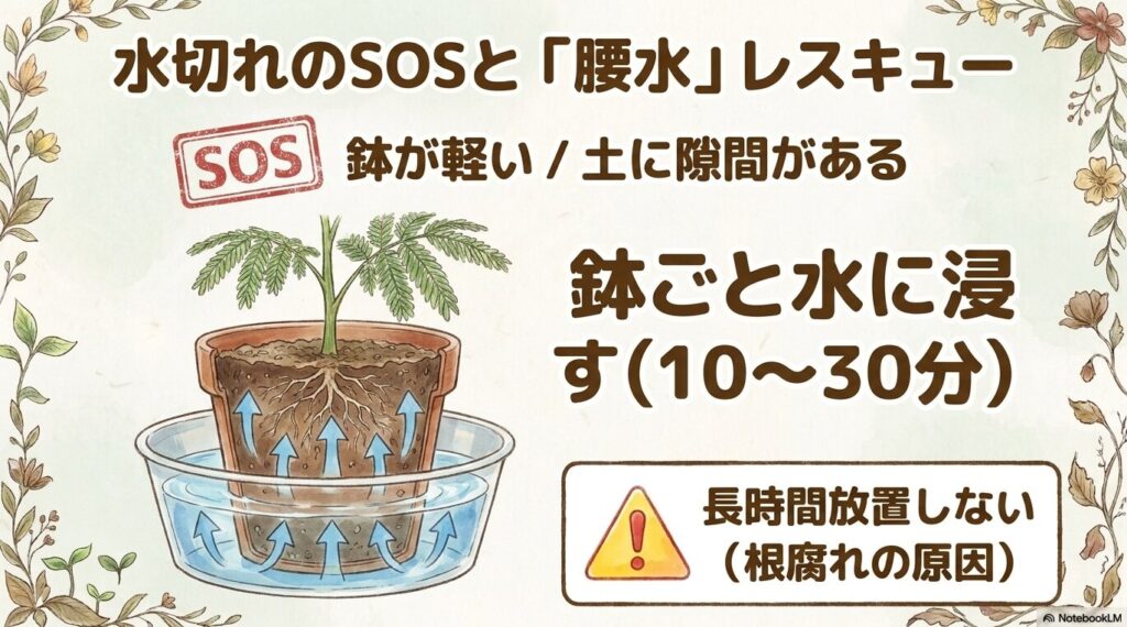 エバーフレッシュの鉢を水が張られた容器に浸している腰水のイラスト。鉢が軽い、土に隙間があるといった水切れのSOSサインに対し、鉢ごと水に10〜30分浸す手順と、長時間の放置は根腐れの原因になるという注意点が書かれています。