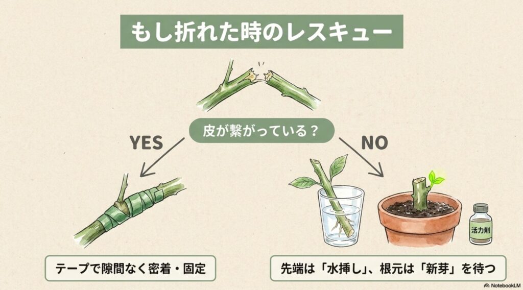 枝が折れてしまった時、皮が繋がっていればテープで密着させて固定し、完全に折れていれば先端を水挿しにして活力剤を使うという対処法フローチャート