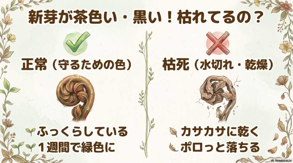 茶色い新芽の正常な状態と枯死した状態の比較イラスト。正常な新芽はふっくらしており1週間で緑色になるのに対し、枯死した新芽はカサカサに乾いてポロっと落ちる特徴があることが示されています。