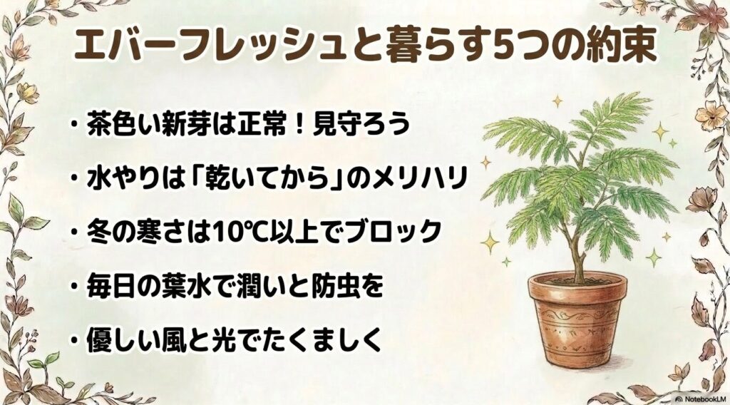 エバーフレッシュを育てるためのまとめとして、5つの約束が書かれたリスト。茶色い新芽は見守る、水やりは乾いてから、冬は10℃以上をキープ、毎日の葉水、優しい風と光を当てる、というポイントがまとめられています。