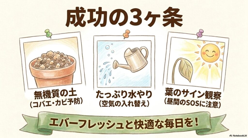 エバーフレッシュを上手く育てるための「成功の3ヶ条」をまとめたスライド。コバエやカビを予防する「無機質の土」、空気の入れ替えを意識した「たっぷり水やり」、昼間のSOSを見逃さない「葉のサイン観察」の3点がイラストとともにリストアップされている。
