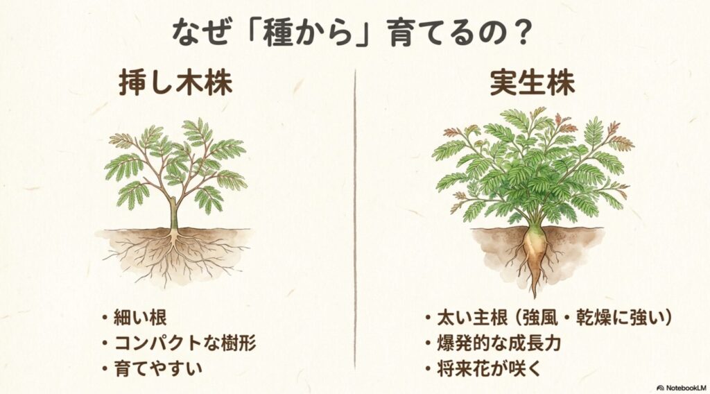 エバーフレッシュの挿し木株と実生株を比較したイラスト。挿し木株は細い根でコンパクトな樹形、実生株は太い主根が深く張り爆発的な成長力を持つ様子を描いている。