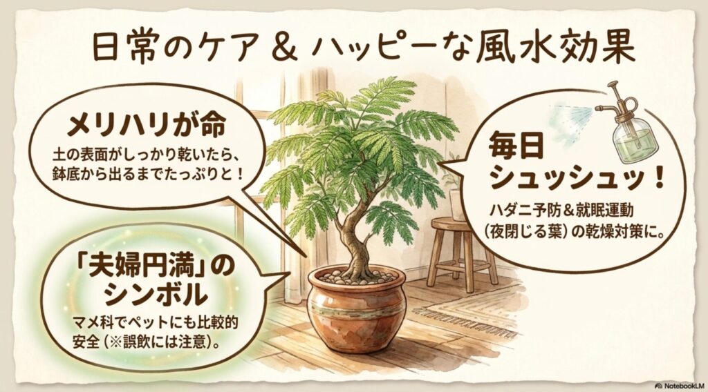 土が乾いてからたっぷり与える水やり、ハダニ予防の毎日の葉水、夫婦円満のシンボルとしての風水効果、マメ科でペットにも比較的安全である点など、日常のケアと豆知識をまとめたイラスト。