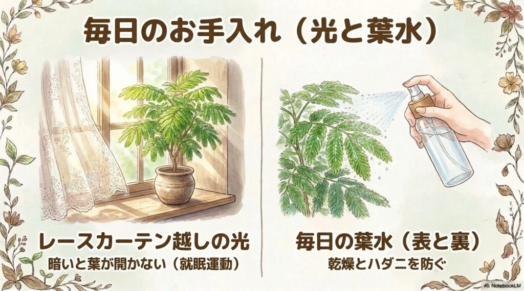 窓辺に置かれたエバーフレッシュにレースカーテン越しの光が当たっているイラスト。暗いと葉が開かないことや、毎日の表裏への葉水が乾燥とハダニを防ぐことが説明されています。