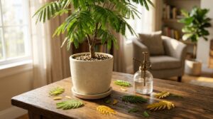 木のテーブルに置かれたエバーフレッシュの鉢植えとガラスの霧吹き。周りには緑や黄色の葉が落ちている。（「エバーフレッシュの葉が落ちる原因は？枯れる前のサインと復活対処法」のアイキャッチ画像）