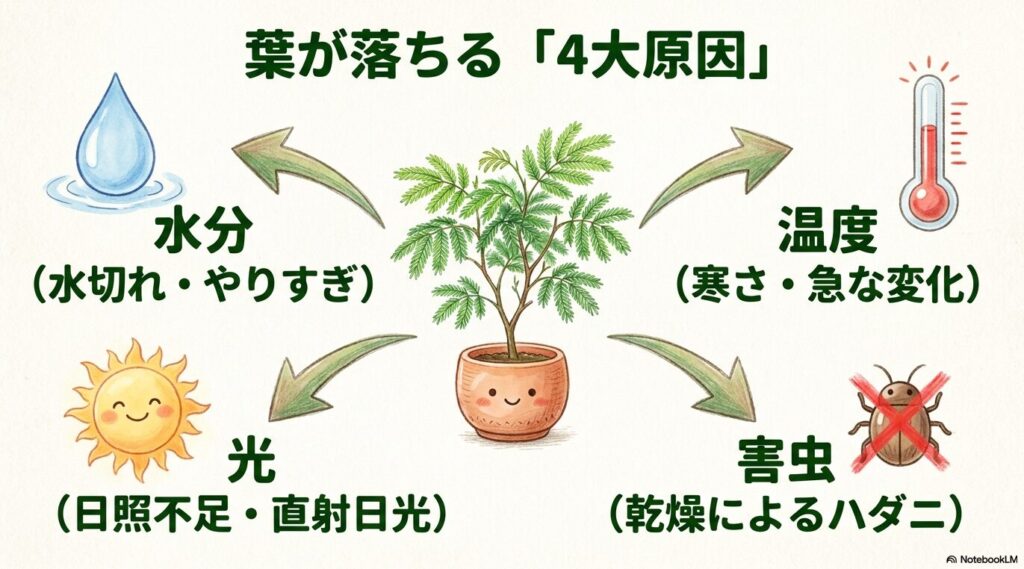 水滴、太陽、バツ印のついた虫などのアイコンで示された、エバーフレッシュの葉が落ちる4大原因（水分・温度・光・害虫）の図解イラスト