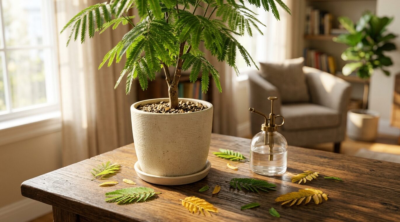木のテーブルに置かれたエバーフレッシュの鉢植えとガラスの霧吹き。周りには緑や黄色の葉が落ちている。（「エバーフレッシュの葉が落ちる原因は？枯れる前のサインと復活対処法」のアイキャッチ画像）