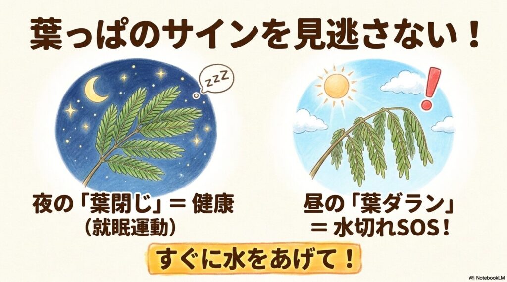エバーフレッシュの葉の状態で健康状態を見分けるスライド。夜に葉を閉じる「就眠運動」は健康な証拠だが、昼間に太陽が出ているのに葉がだらんと垂れ下がっている場合は水切れのSOSサインであることをイラストで解説している。