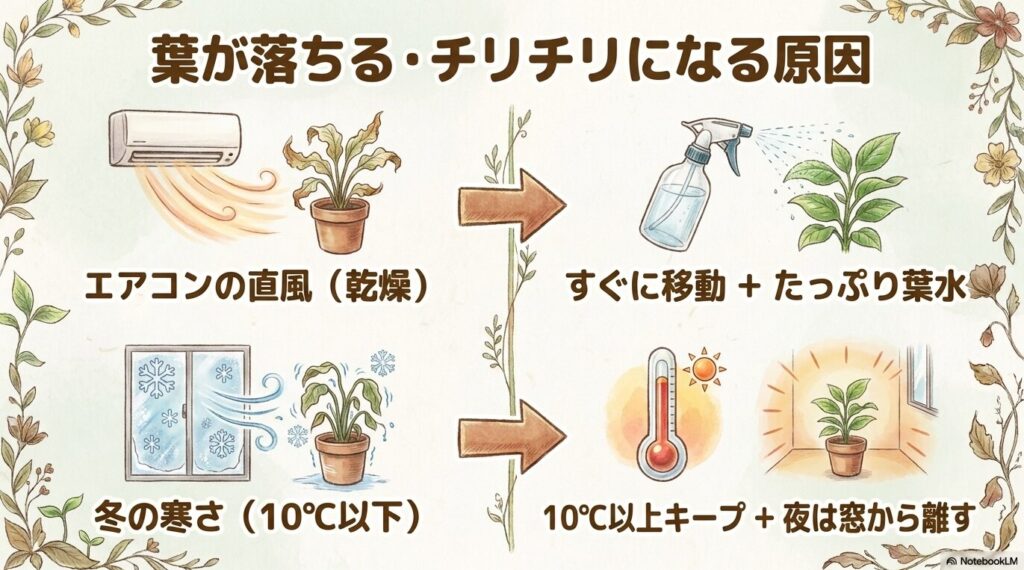 葉がチリチリに枯れる原因となるエアコンの直風と、葉が落ちる原因となる窓からの冬の寒さ（10℃以下）を図解したイラスト。それぞれの対策として、すぐに移動と葉水、10℃以上のキープが記載されています。