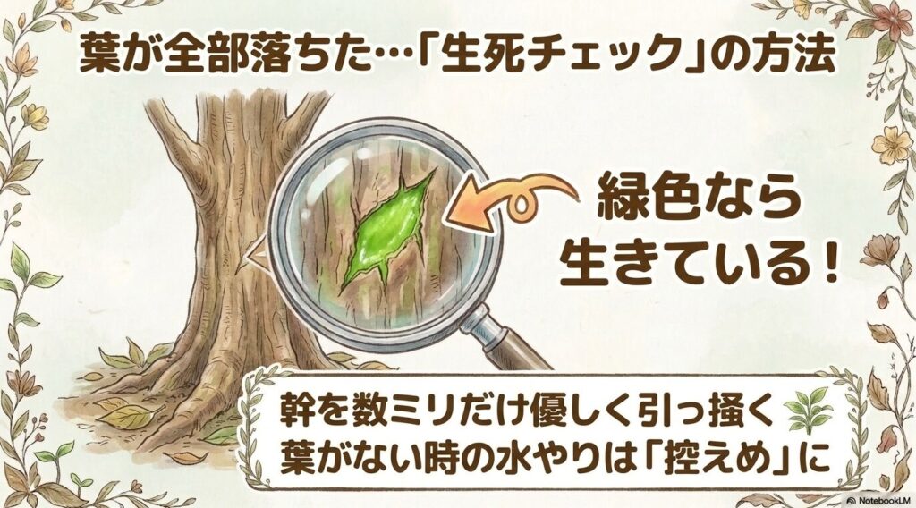 葉がすべて落ちたエバーフレッシュの生死を確認する方法のイラスト。幹を数ミリだけ優しく引っ掻き、中が緑色なら生きていることが示されています。また、葉がない時の水やりは控えめにするよう注意書きがあります。