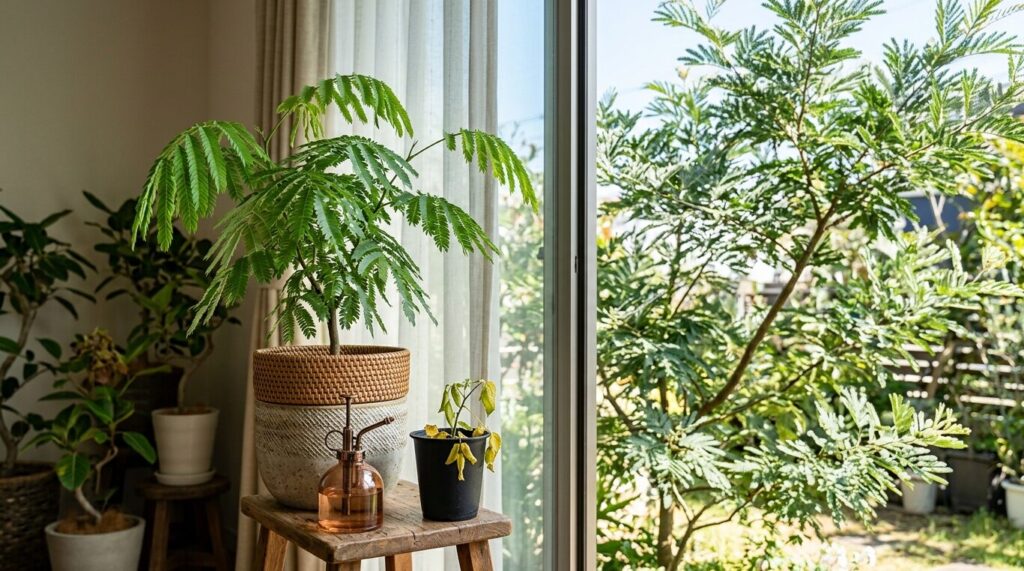 エバーフレッシュとネムノキの違いを比較したアイキャッチ画像。左側の明るい室内には鉢植えのエバーフレッシュと霧吹きボトル、右側の屋外には庭で大きく育つネムノキが対比して写っています。手前には葉が黄色く落ちるトラブルを連想させる小さな鉢植えも置かれています。