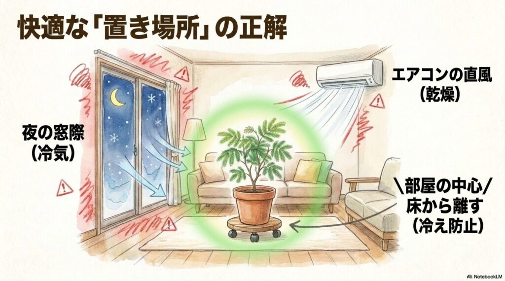 夜の窓際の冷気やエアコンの直風を避け、部屋の中心の床から離した場所にエバーフレッシュを置くことを推奨する室内環境の図解イラスト