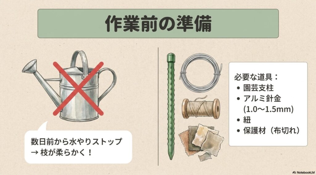 曲げ木作業の数日前から水やりをストップすることと、園芸支柱、アルミ針金、紐、保護材といった必要な道具一覧を描いたイラスト